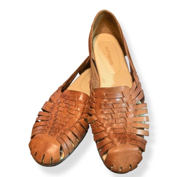 Women’s Tabacco Leather Woven Huarache Style Sandals Sz 10N Boho Festival Y2K - Picture 8 of 12